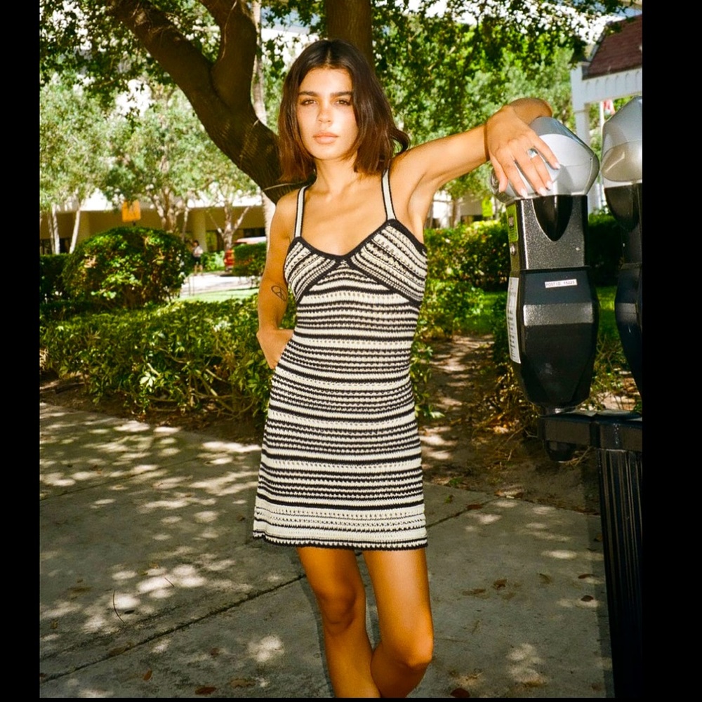 ZARA Striped Rustic Crochet Mini Dress Size Medium - Picture 1 of 11